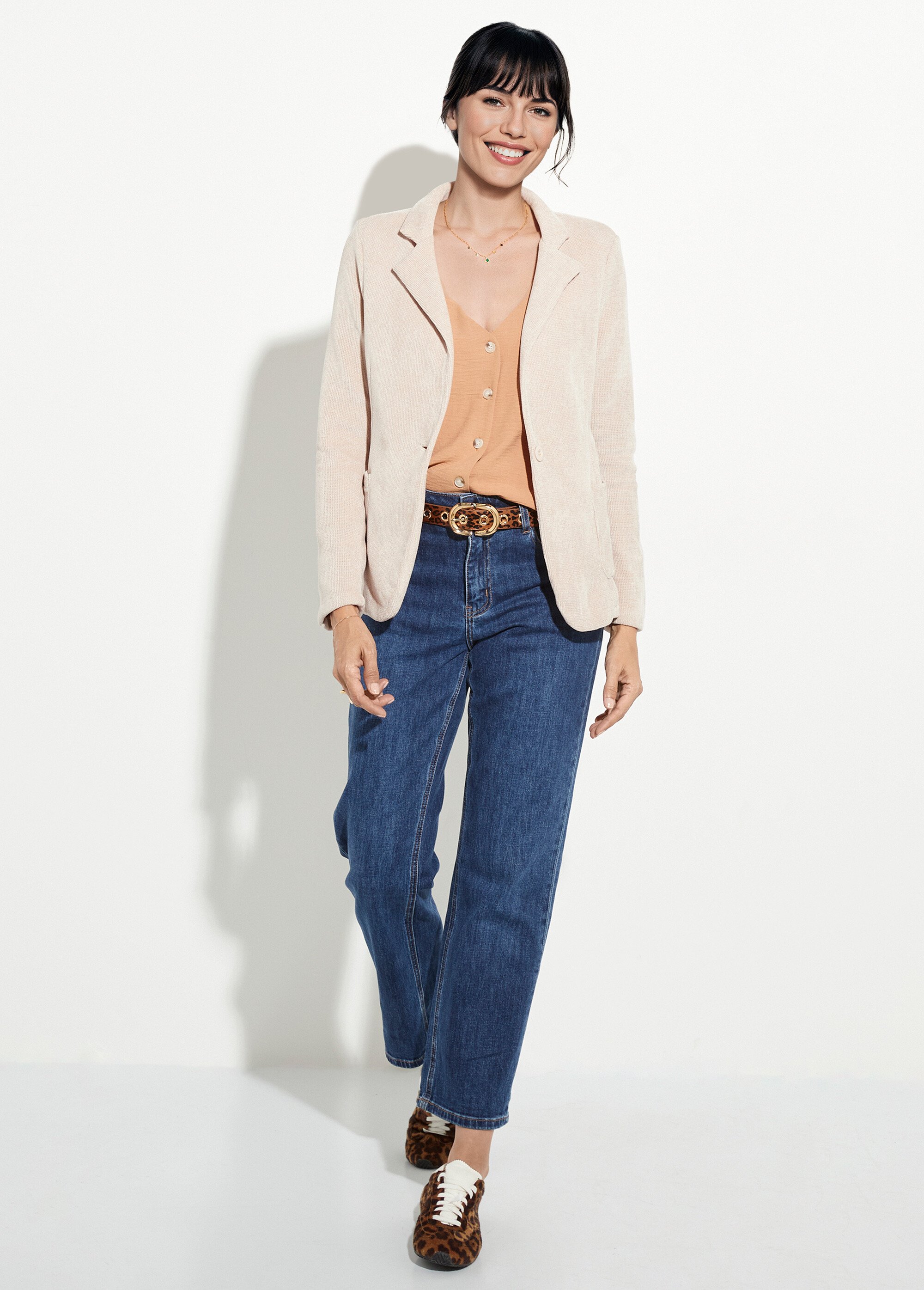 Veste col tailleur en velours reliefé Femme Beige LAC-518626 SF1