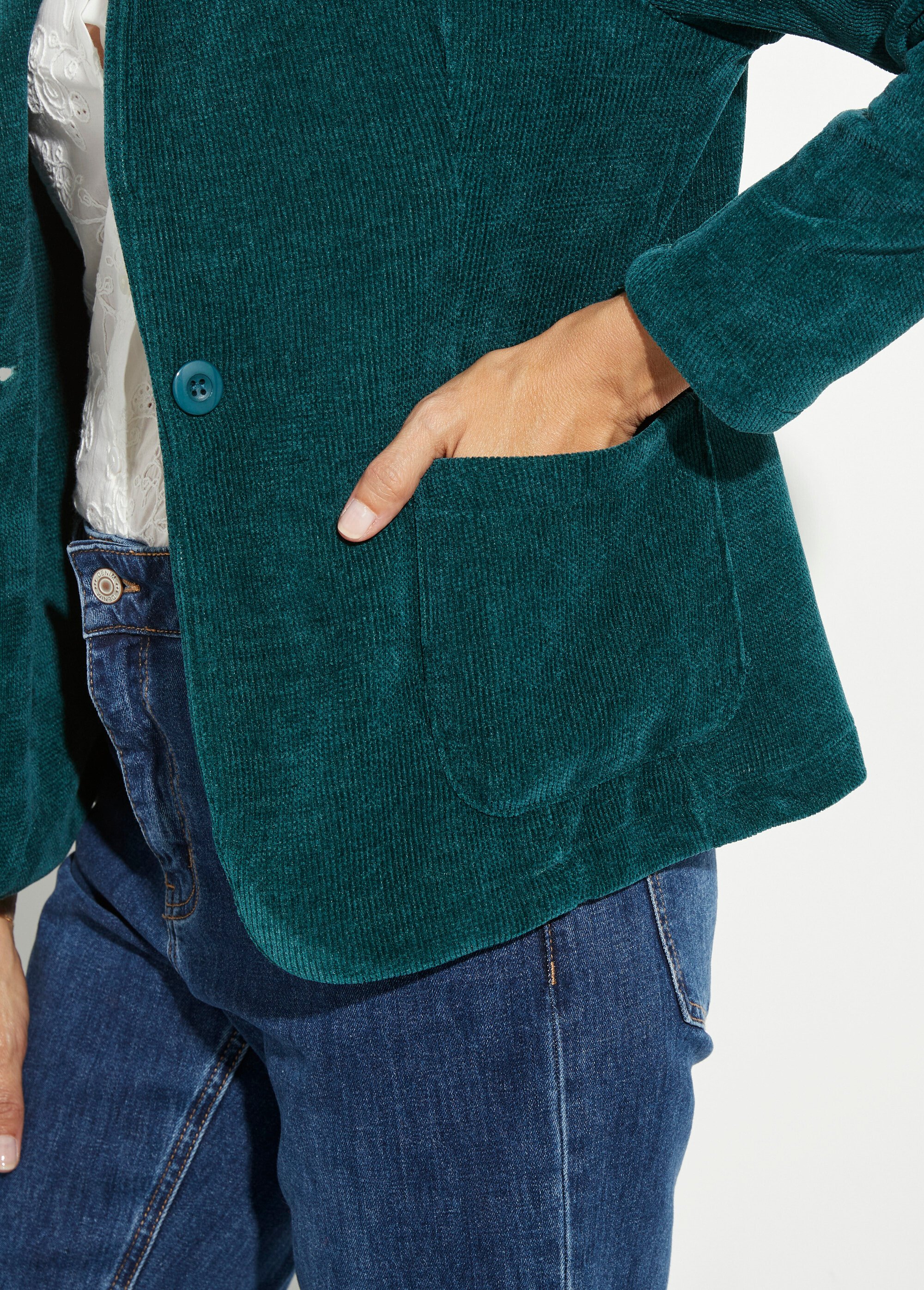 Veste col tailleur en velours reliefé Femme Vert LAC-518626 DE1