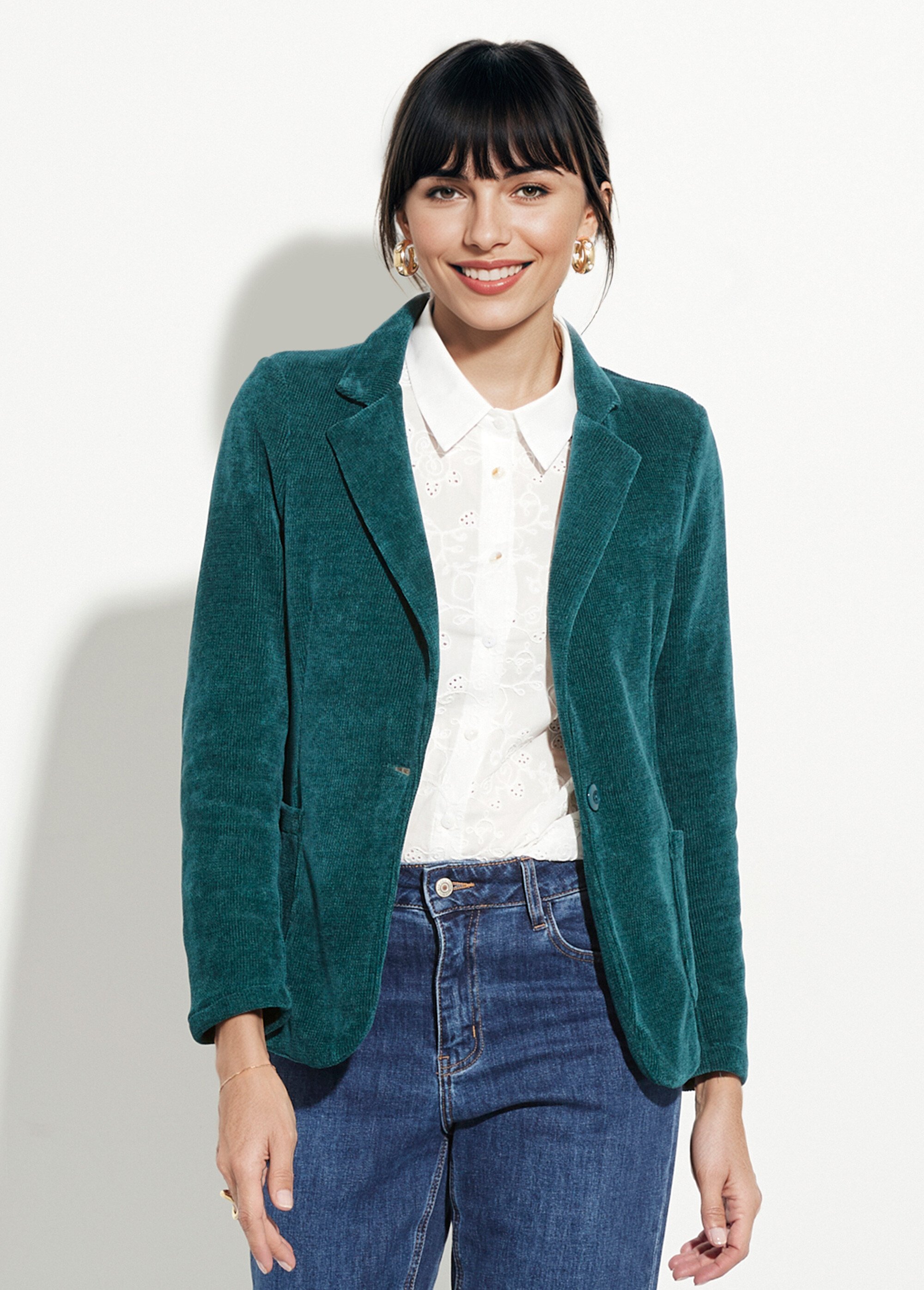Veste col tailleur en velours reliefé Femme Vert LAC-518626 FA1