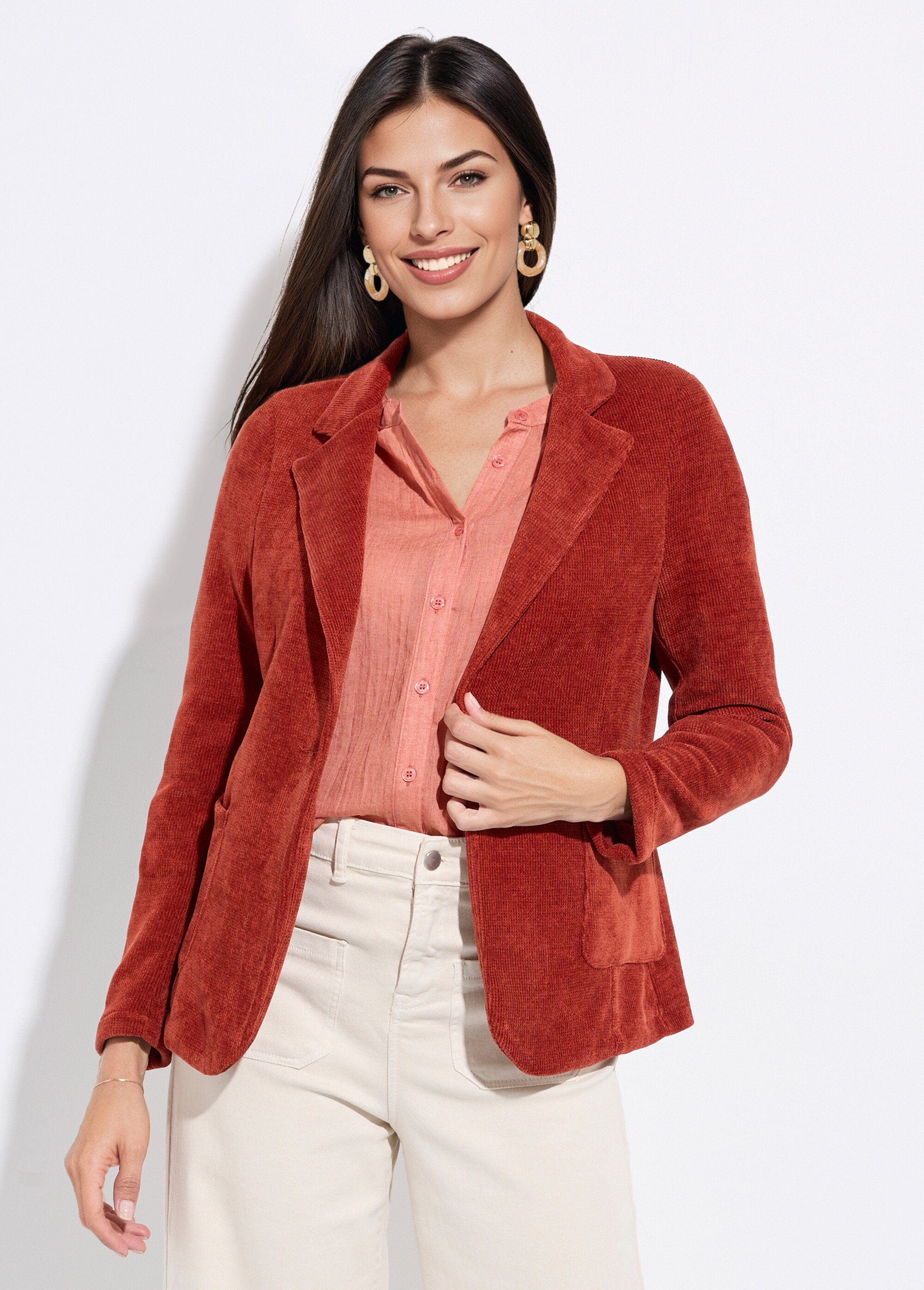 Veste col tailleur en velours reliefé Femme Rouge LAC-518626 FA1