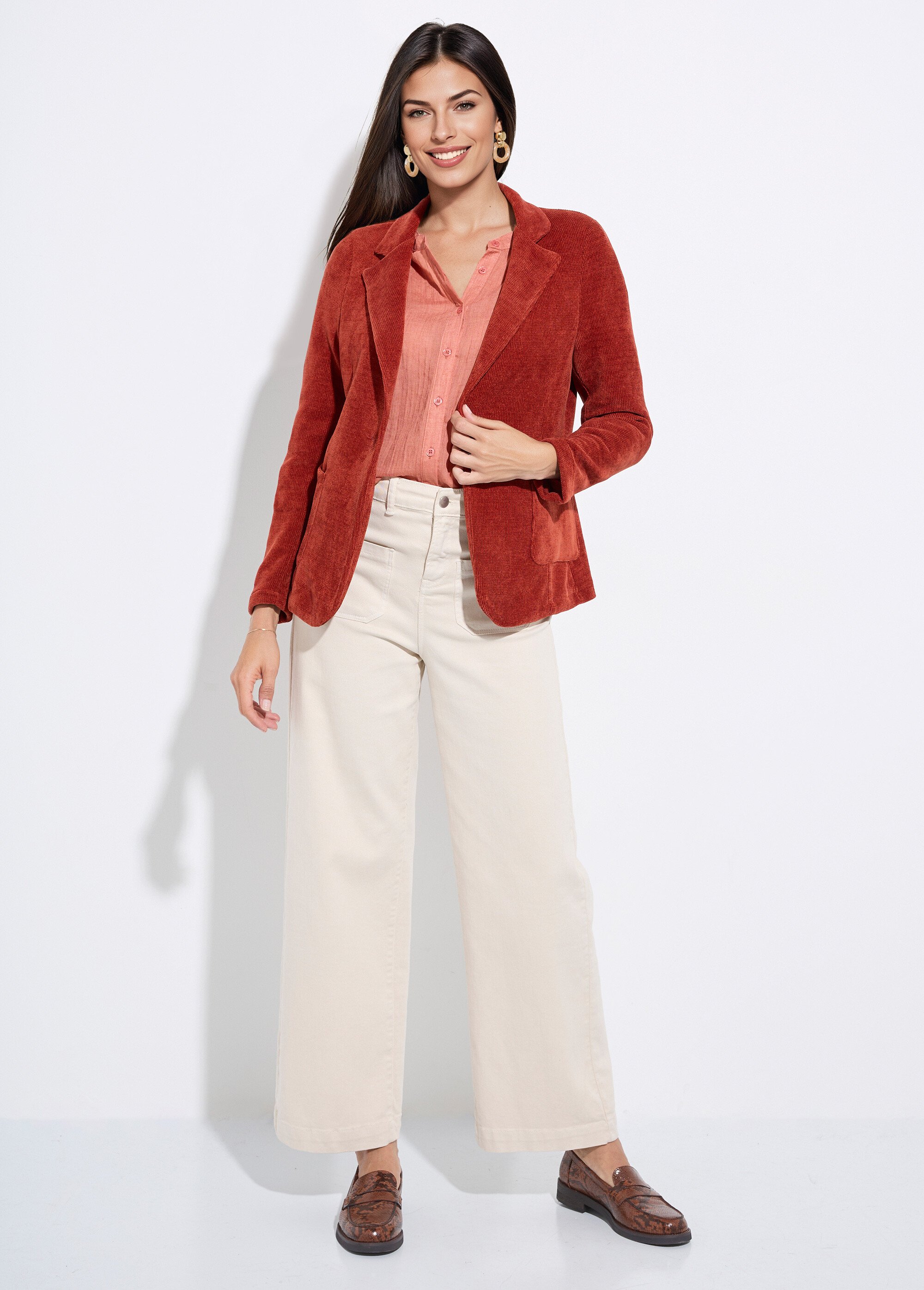 Veste col tailleur en velours reliefé Femme Rouge LAC-518626 SF1