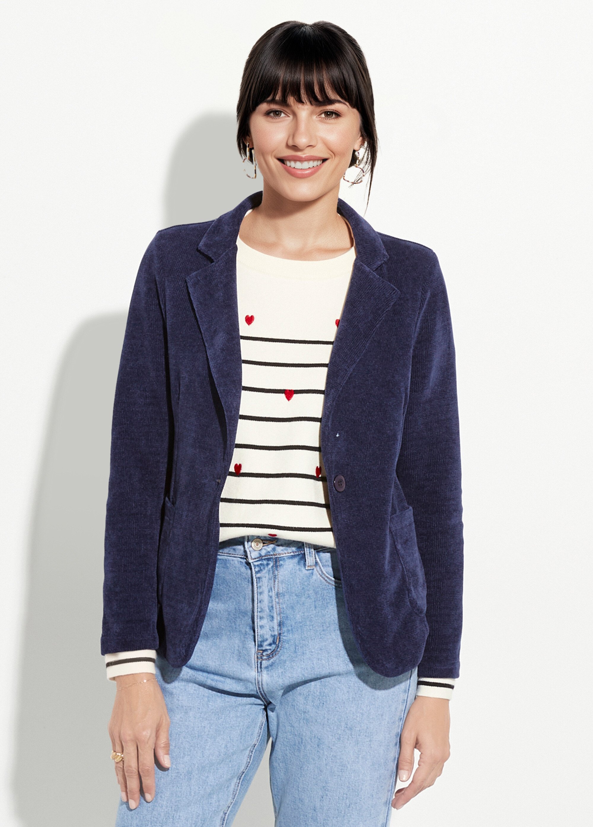 Veste col tailleur en velours reliefé Femme Bleu LAC-518626 FA1