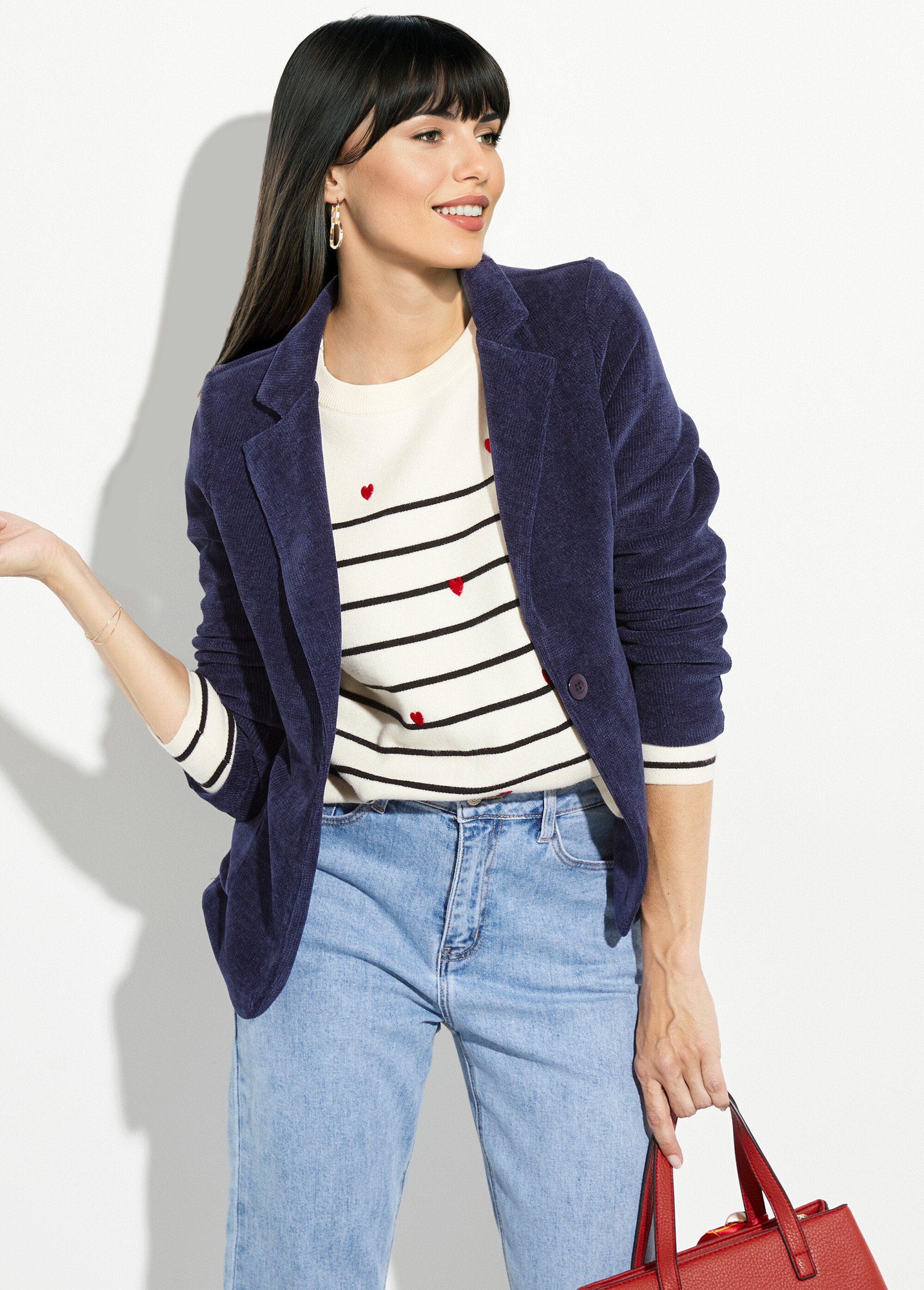 Veste col tailleur en velours reliefé Femme Bleu LAC-518626 MV1