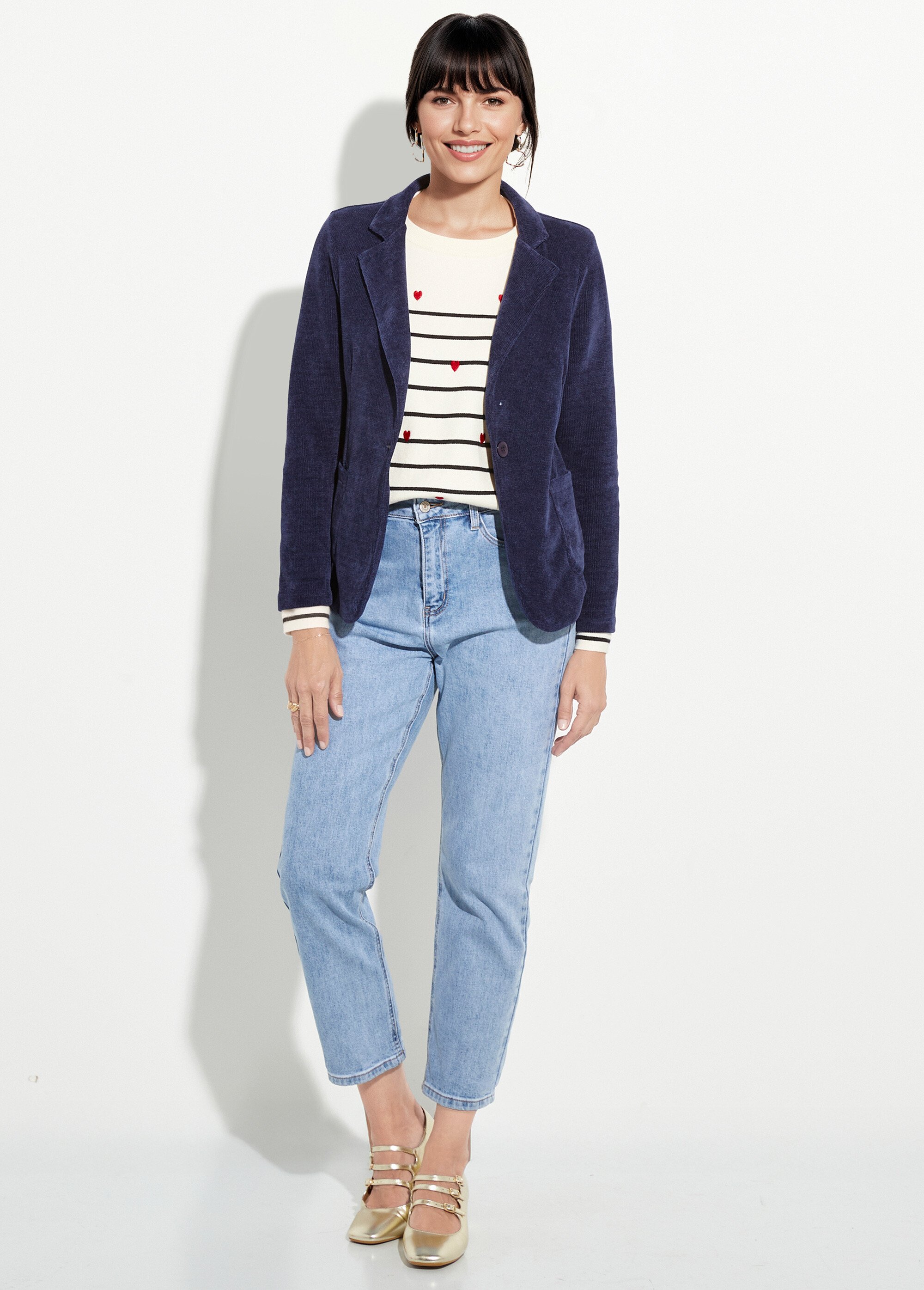 Veste col tailleur en velours reliefé Femme Bleu LAC-518626 SF1
