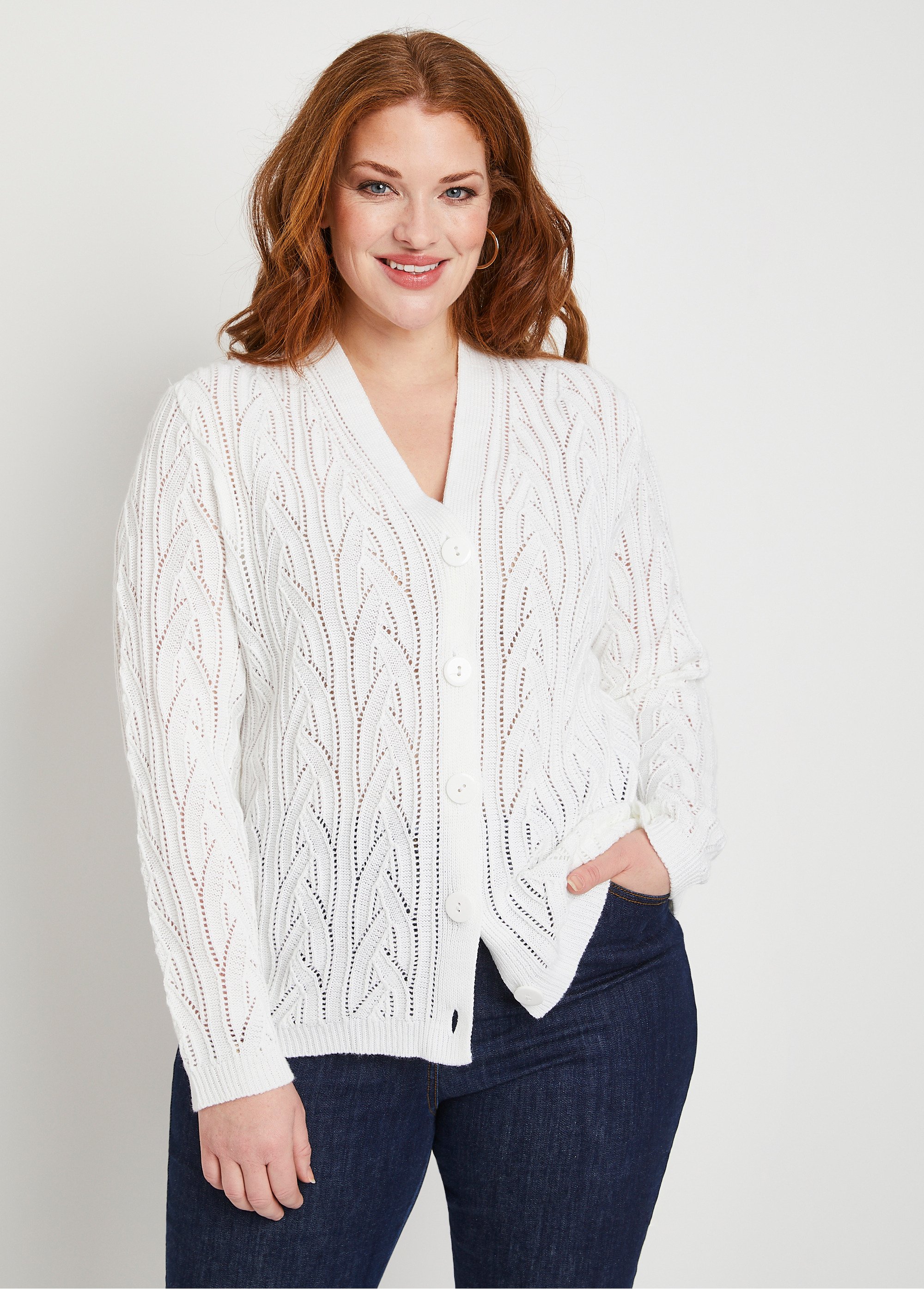 Gilet court boutonné ajouré Femme Grande Taille Blanc MARTIN FA2
