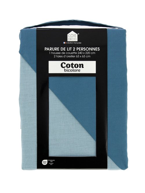 Parure housse de couette bicolore, coton Bleu TIS-SAULE AP1