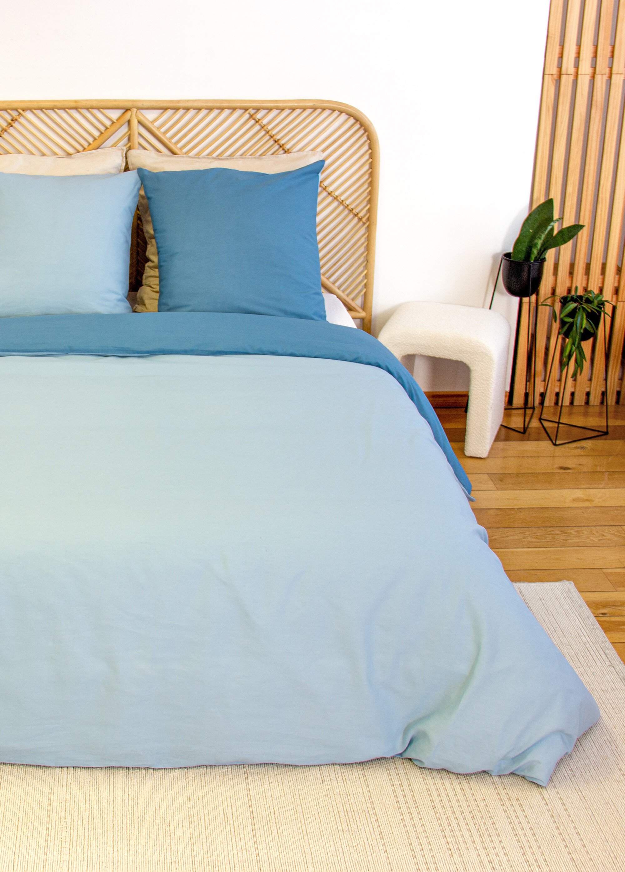 Parure housse de couette bicolore, coton Bleu TIS-SAULE FA1