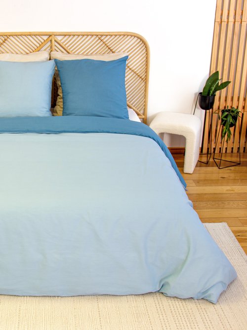 Parure housse de couette bicolore, coton Bleu TIS-SAULE FA1