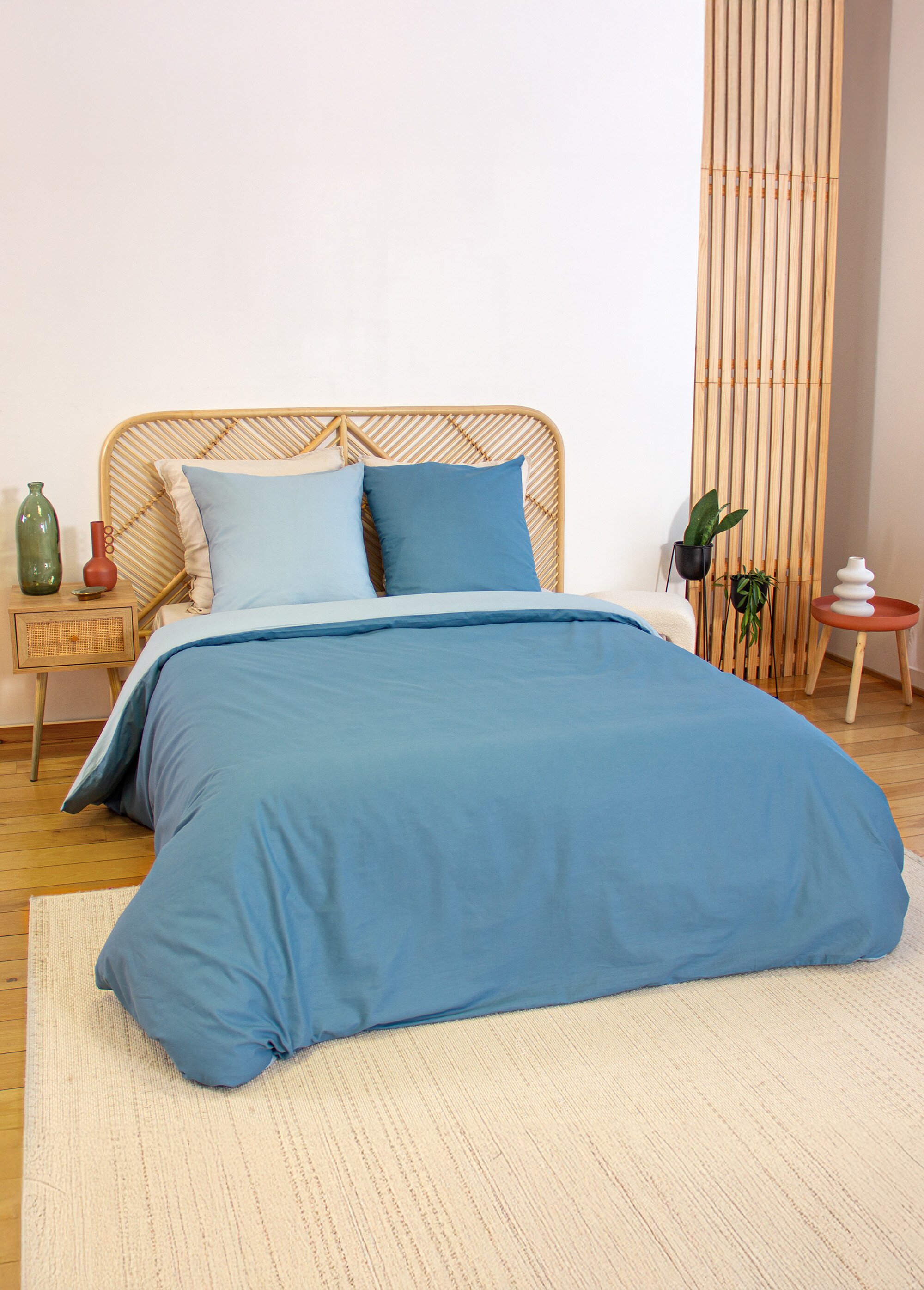 Parure housse de couette bicolore, coton Bleu TIS-SAULE SI1
