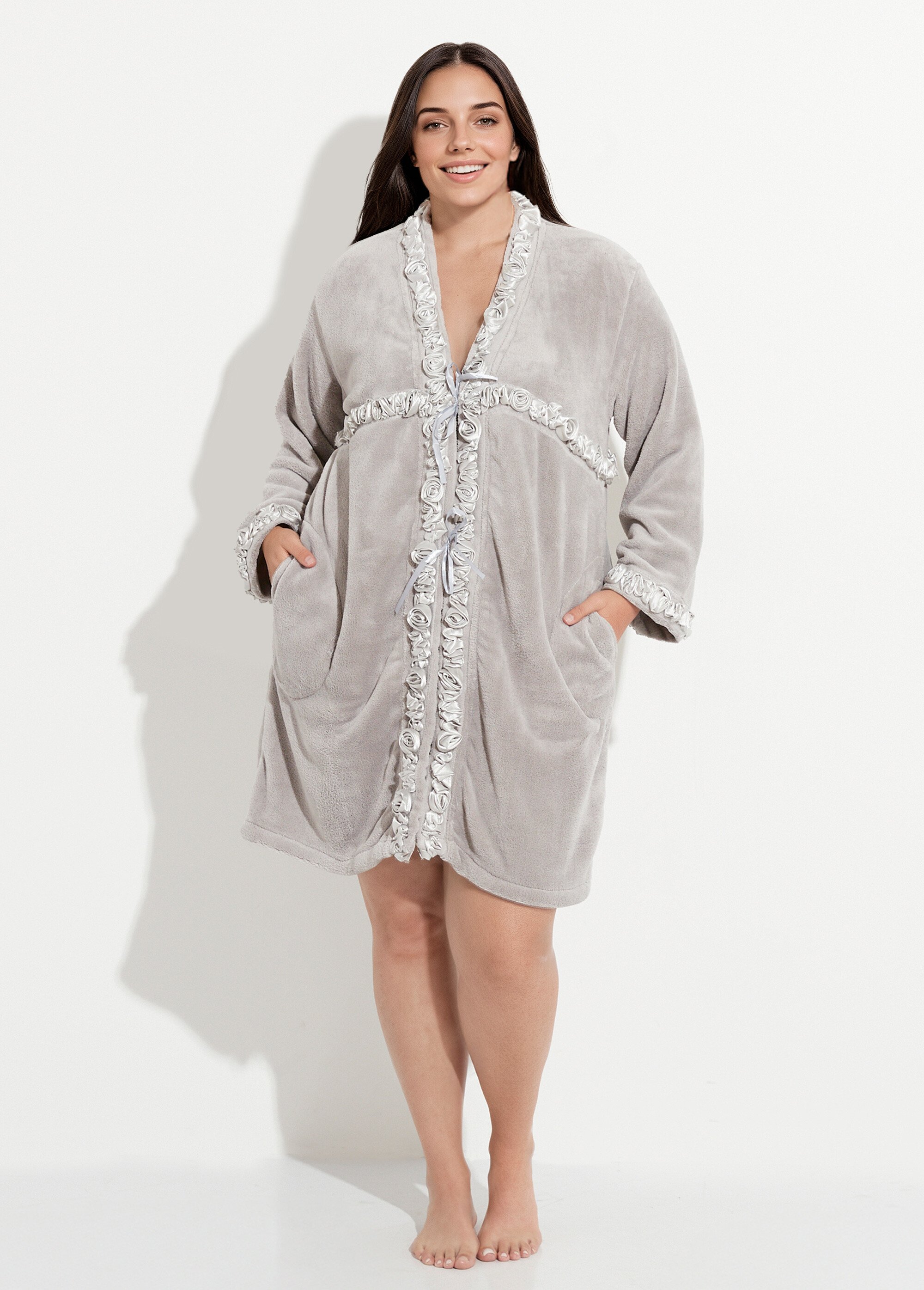 Robe de chambre polaire, détails roses Femme Grande Taille Gris COT340674 FA1