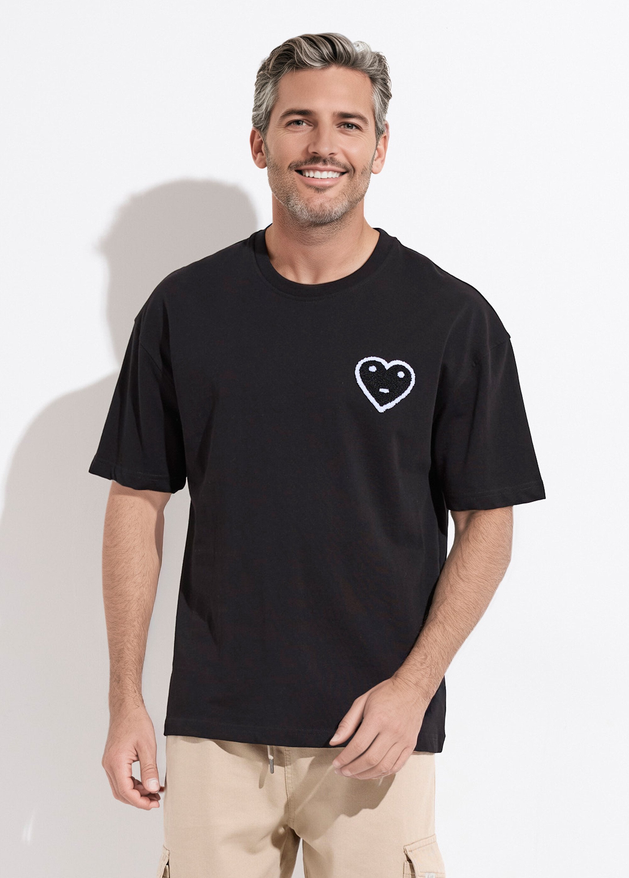 T-shirt épais détail coeur bouclette Homme Noir IKA-LP2538 FA1