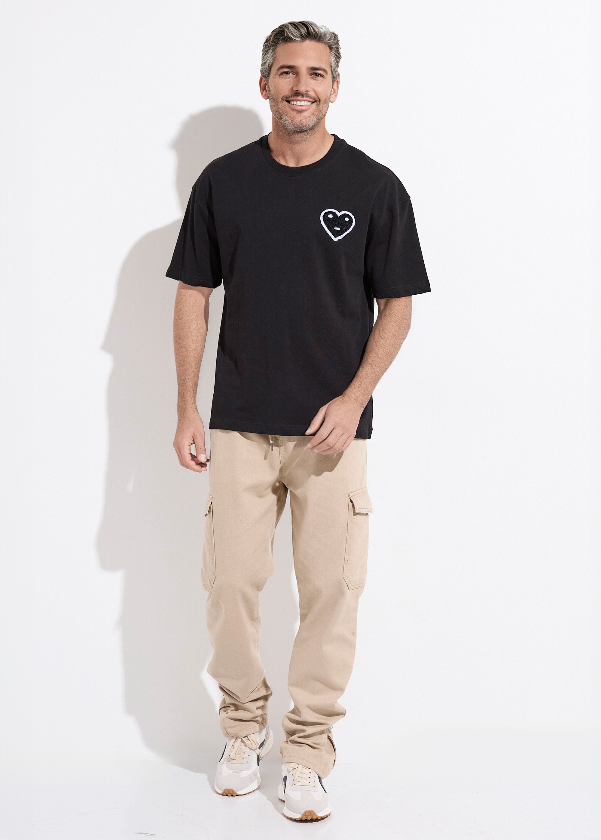 T-shirt épais détail coeur bouclette Homme Noir IKA-LP2538 SF1