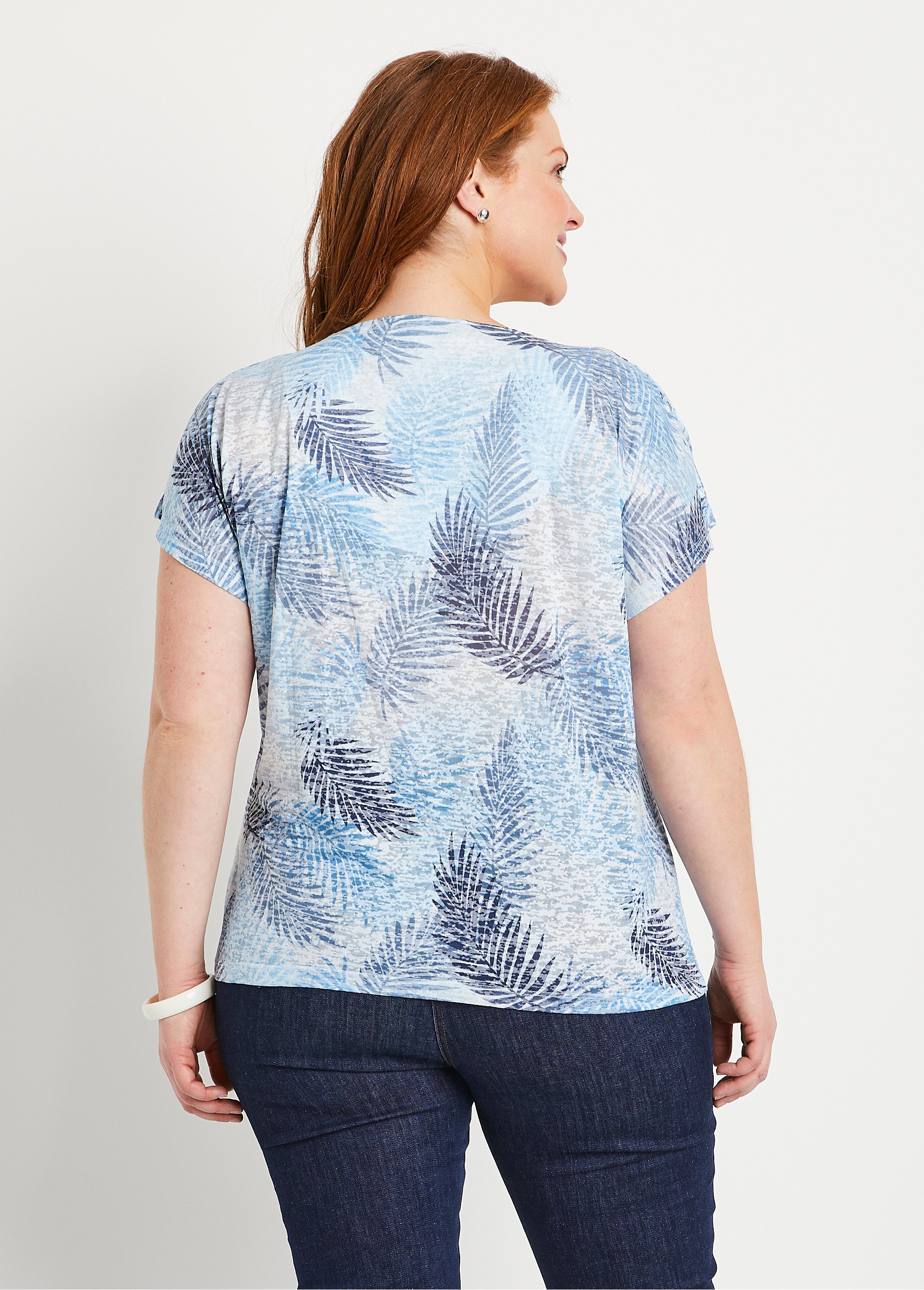 T-shirt imprimé court maille dévorée Femme Grande Taille Bleu CAMOPI DO1