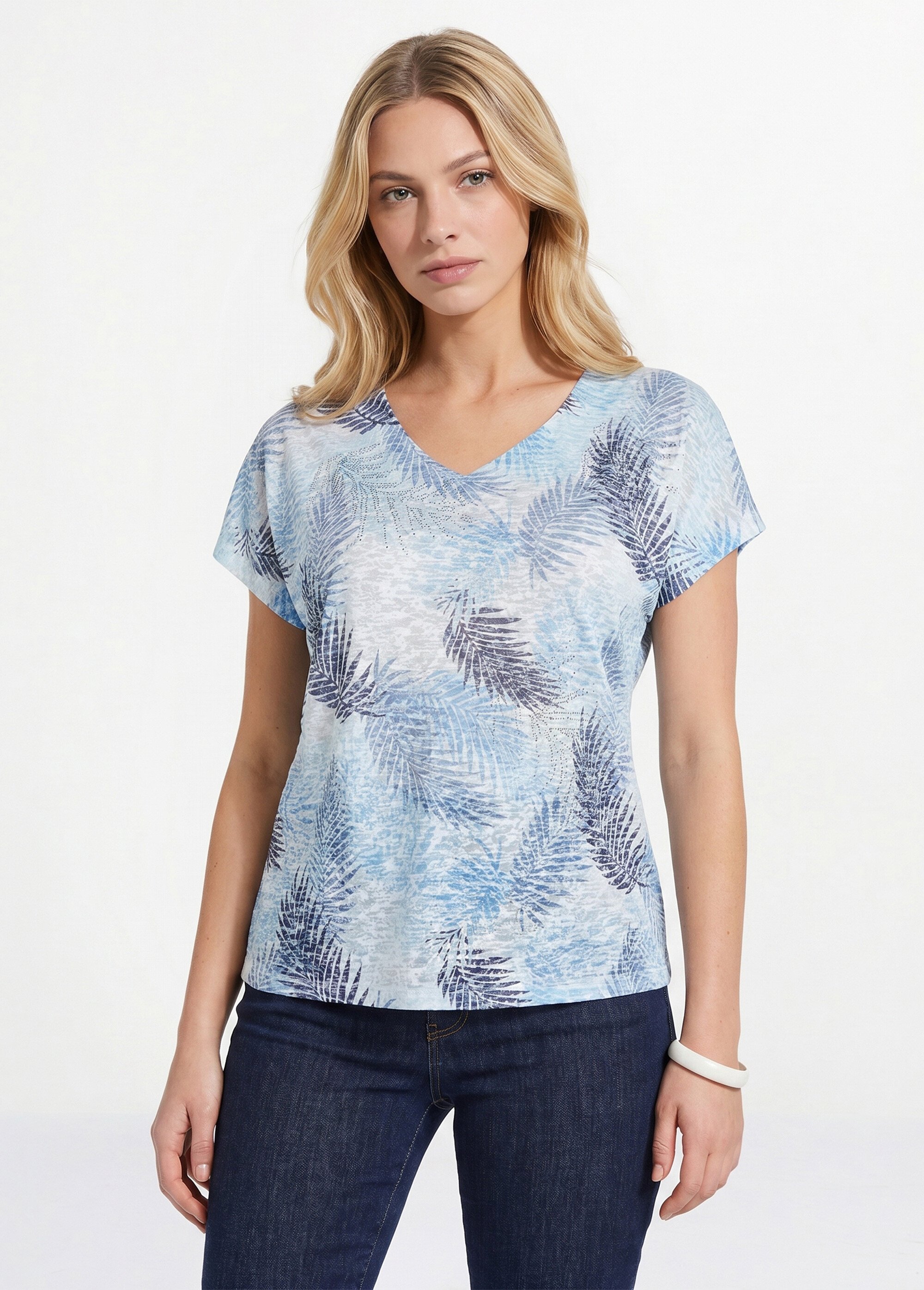 T-shirt imprimé court maille dévorée Femme Bleu CAMOPI FA1