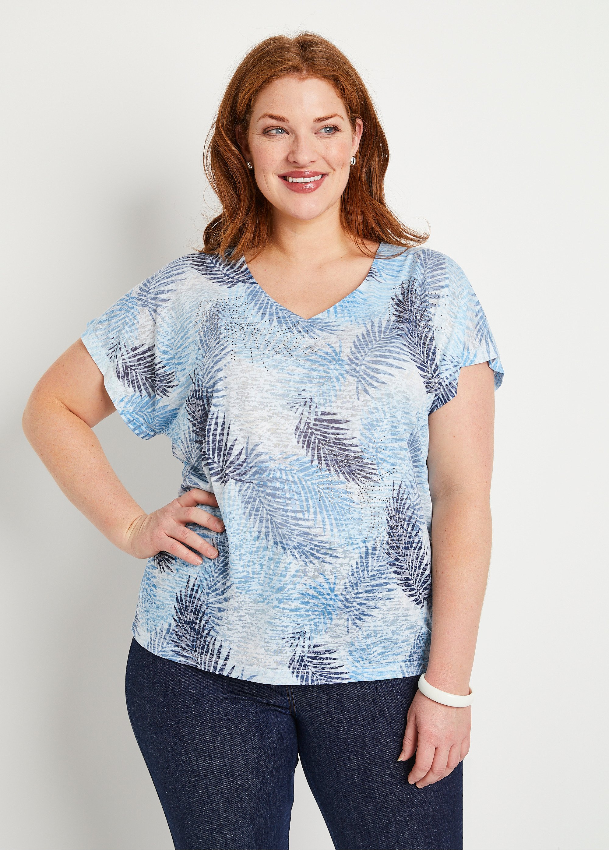 T-shirt imprimé court maille dévorée Femme Grande Taille Bleu CAMOPI FA2