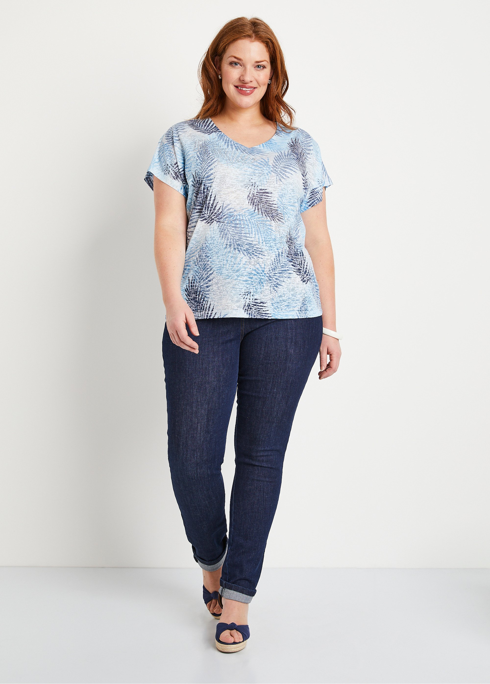 T-shirt imprimé court maille dévorée Femme Grande Taille Bleu CAMOPI SF2
