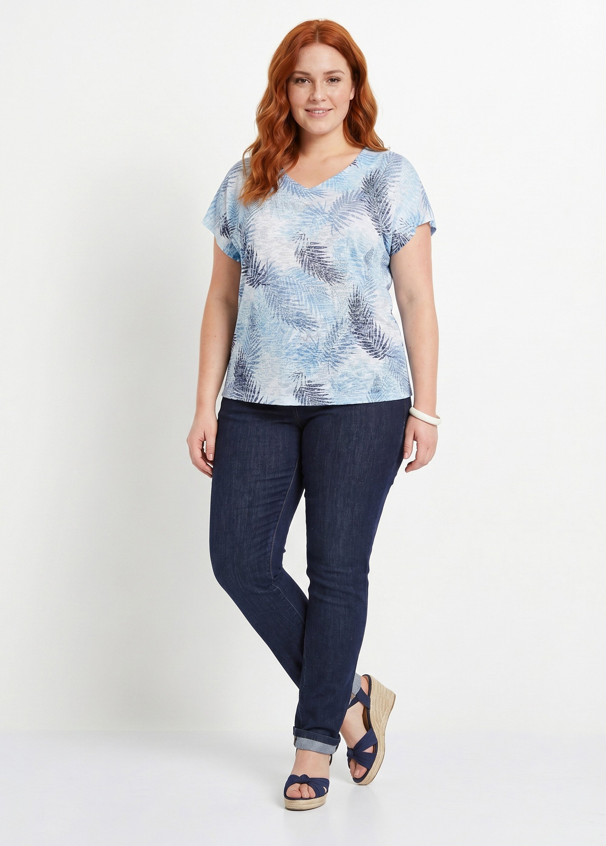 T-shirt imprimé court maille dévorée Femme Grande Taille Bleu CAMOPI SI1