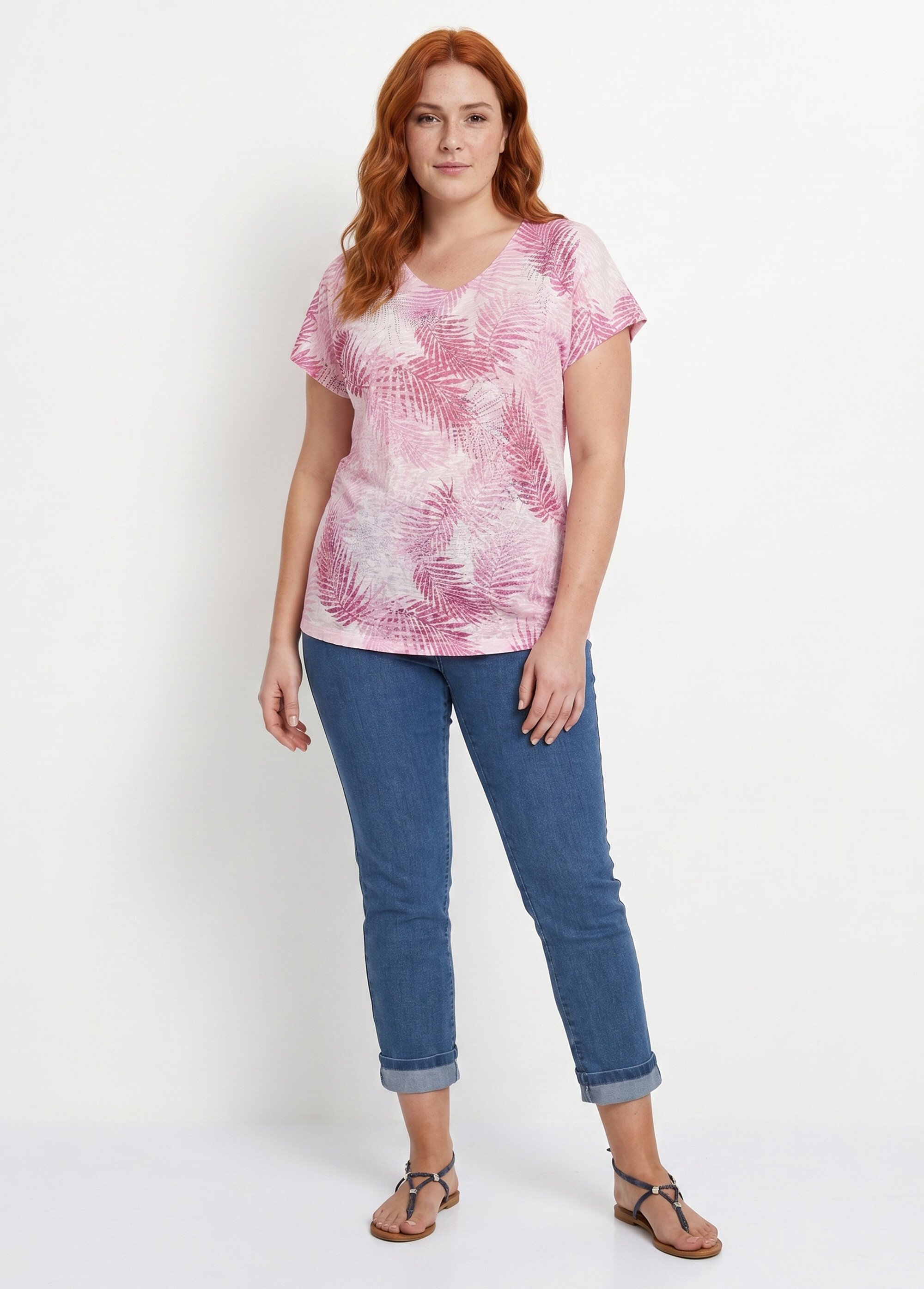 T-shirt imprimé court maille dévorée Femme Grande Taille Rose CAMOPI SI1