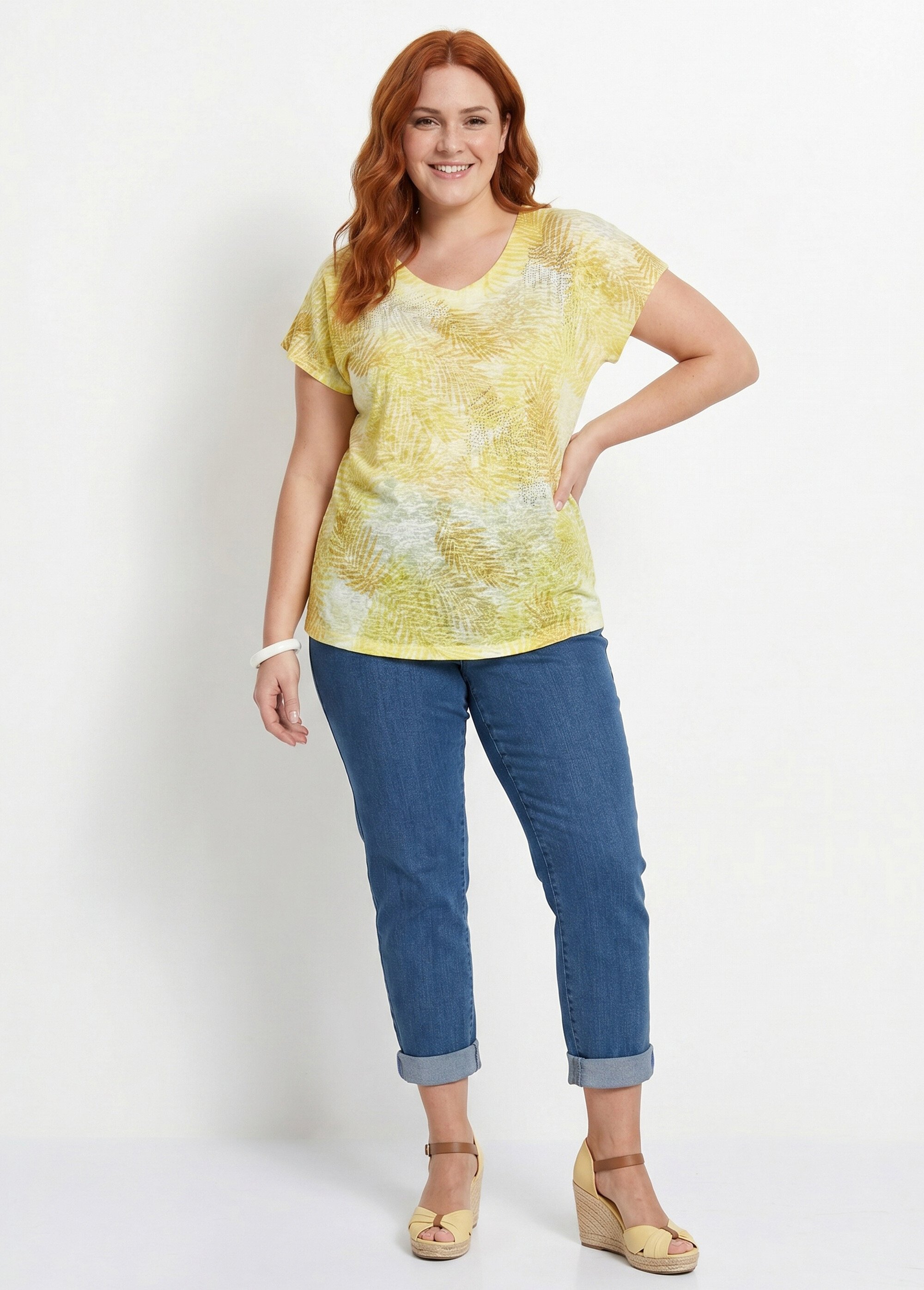 T-shirt imprimé court maille dévorée Femme Grande Taille Jaune CAMOPI SI1