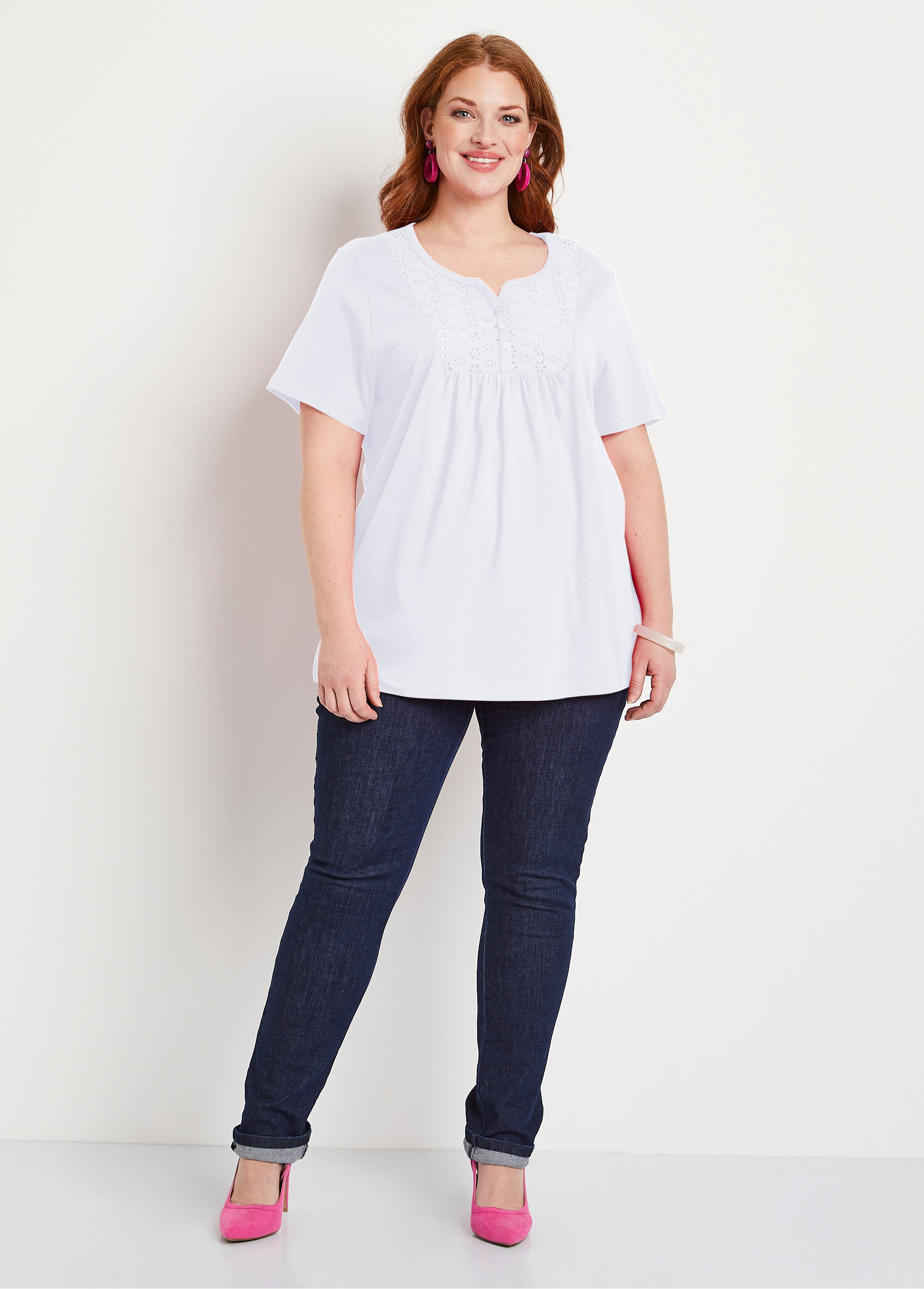 T-shirt long boutonné broderie anglaise Femme Grande Taille Blanc COPAIN SF1