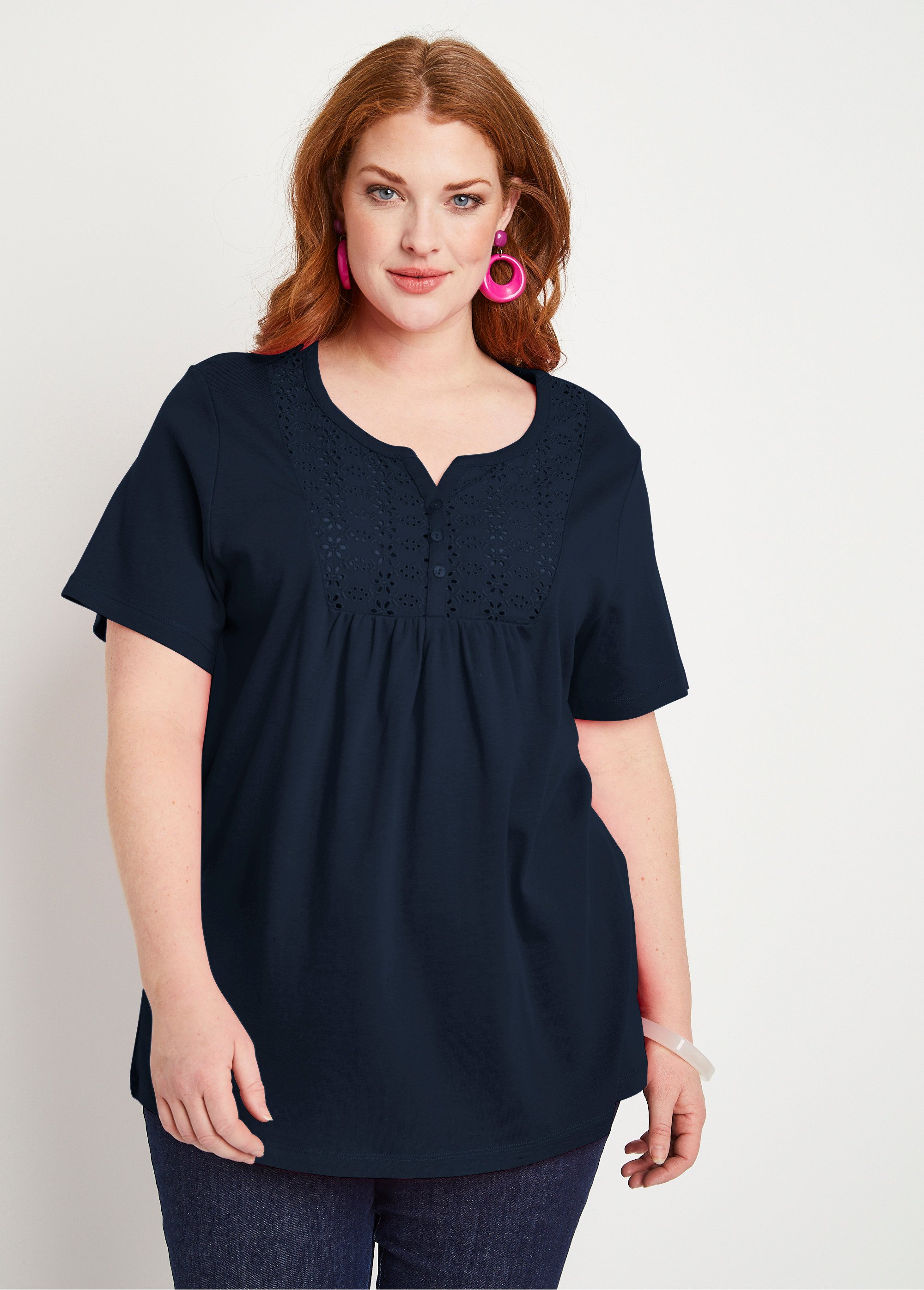 T-shirt long boutonné broderie anglaise Femme Grande Taille Bleu COPAIN FA1
