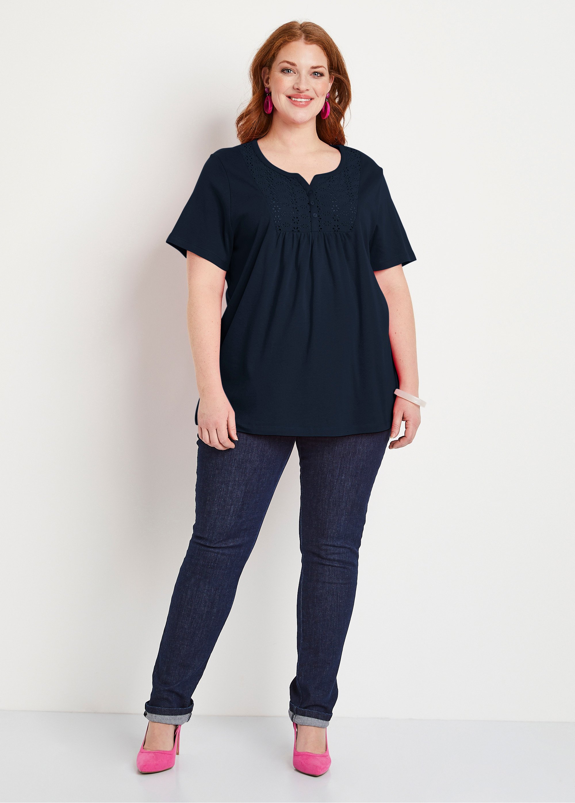 T-shirt long boutonné broderie anglaise Femme Grande Taille Bleu COPAIN SF1