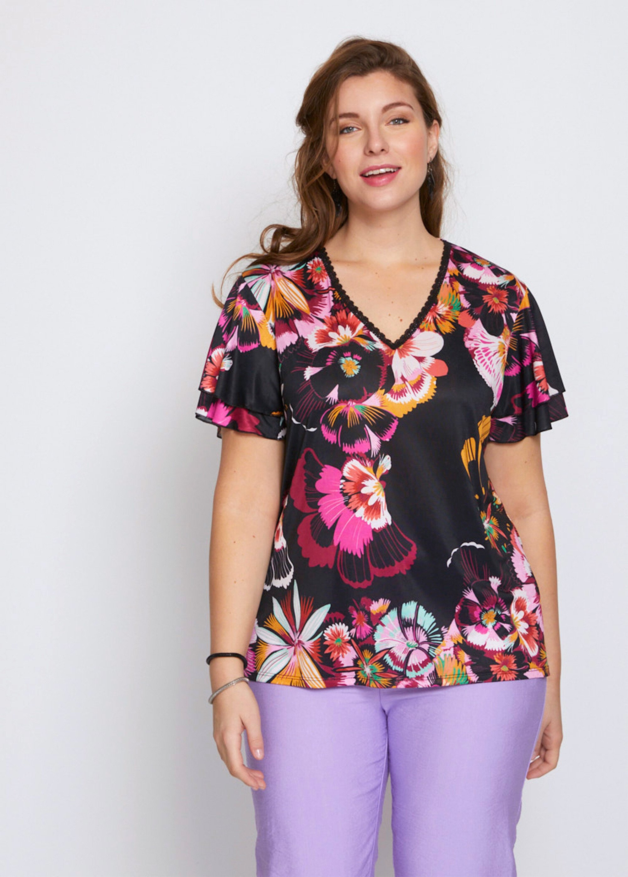 T-shirt manches courtes volantées Femme Grande Taille Noir CHEROKEE FA1