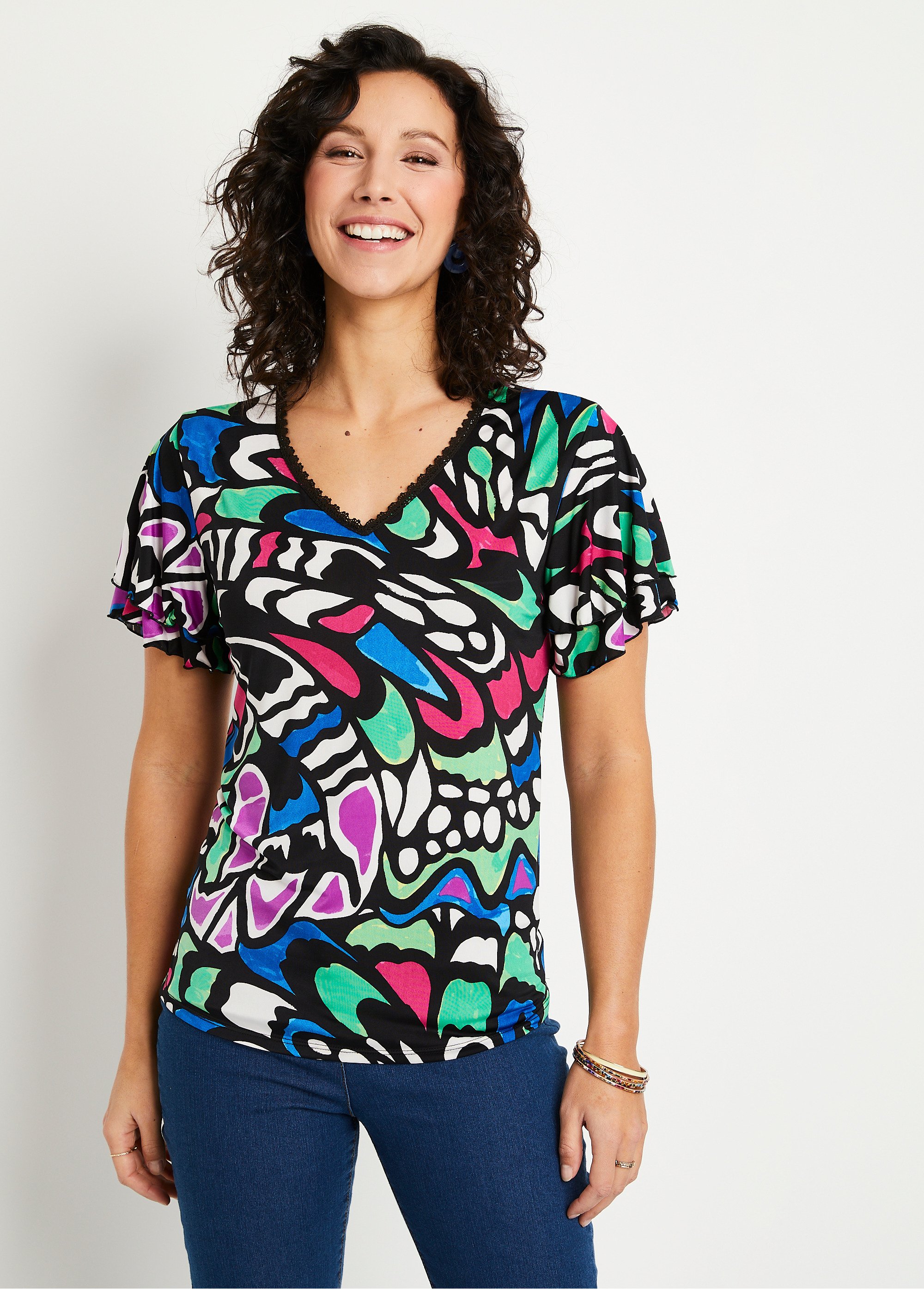 T-shirt manches courtes volantées Femme Noir CHEROKEE FA1