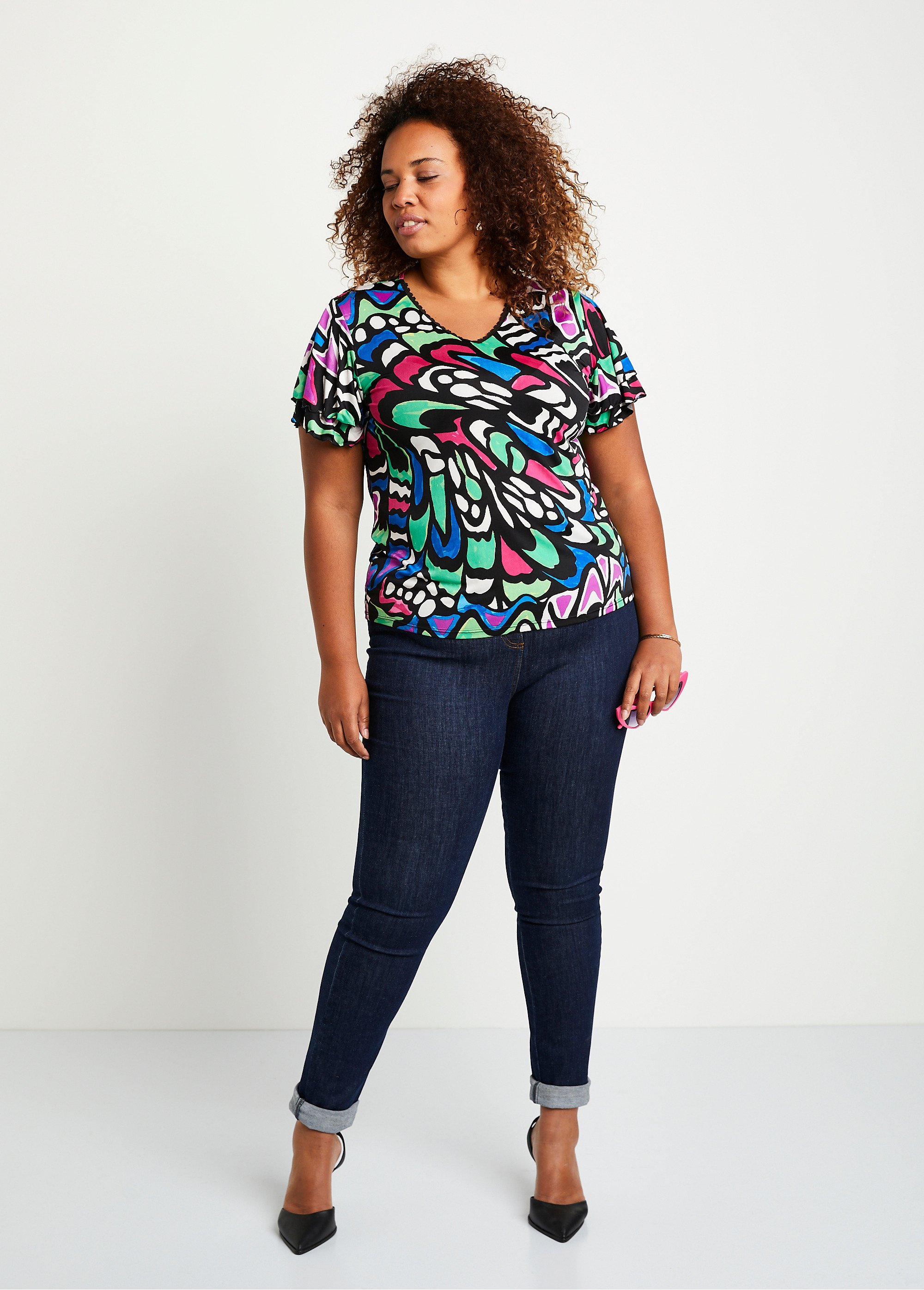 T-shirt manches courtes volantées Femme Grande Taille Noir CHEROKEE SF1