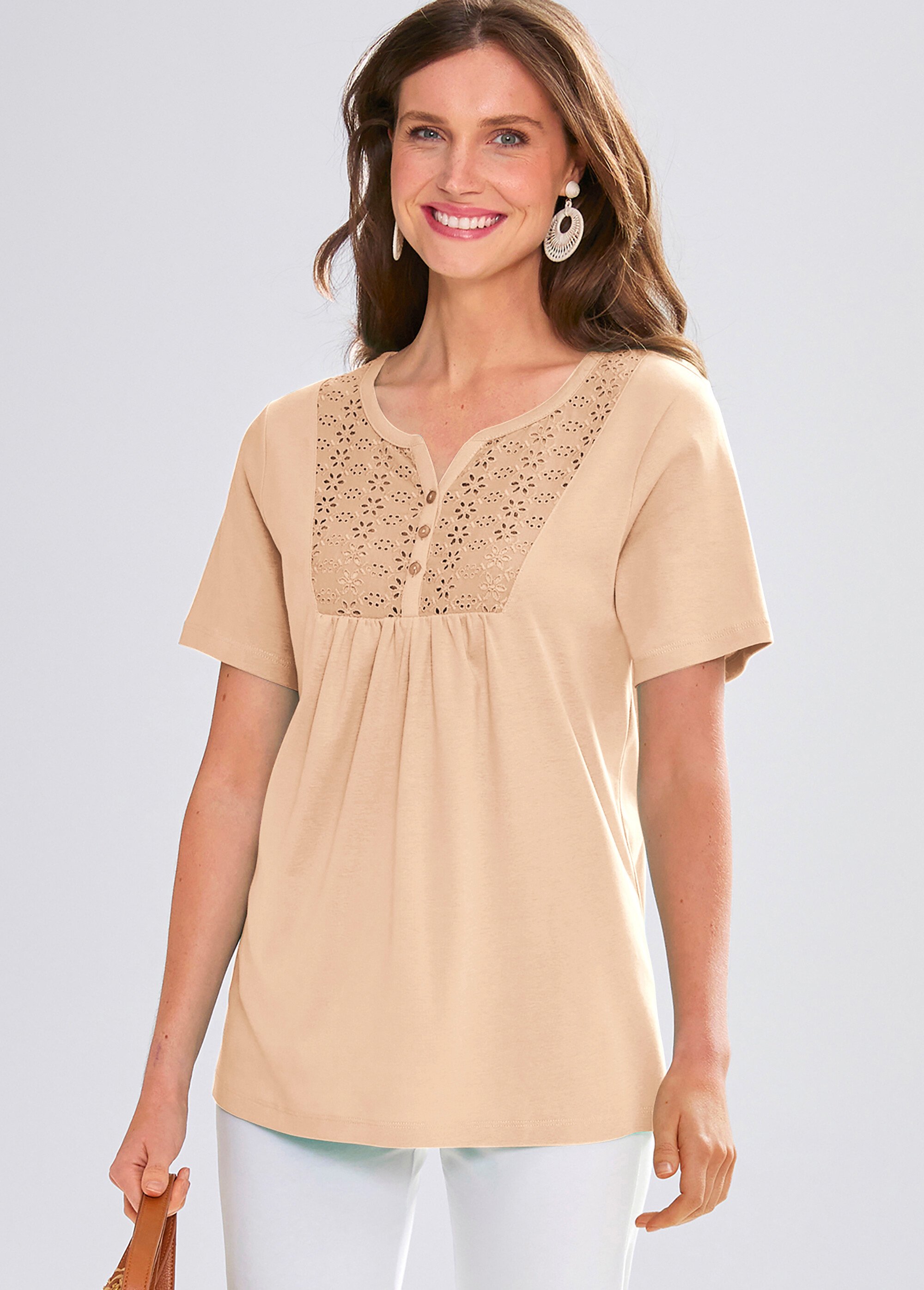 T-shirt long boutonné broderie anglaise Femme BEIGE COPAIN FA1