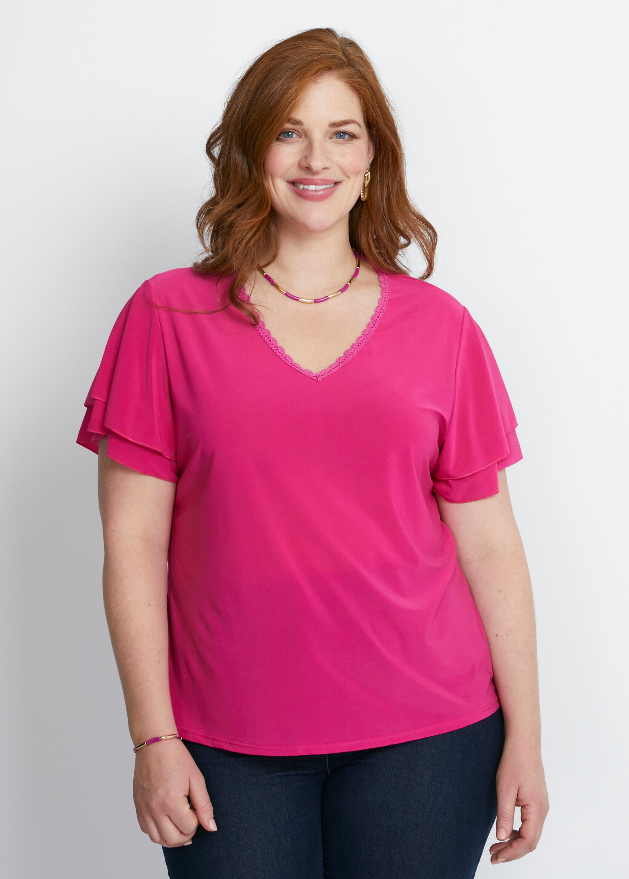 T-shirt manches courtes volantées Femme Grande Taille Rose CHEROKEE FA1