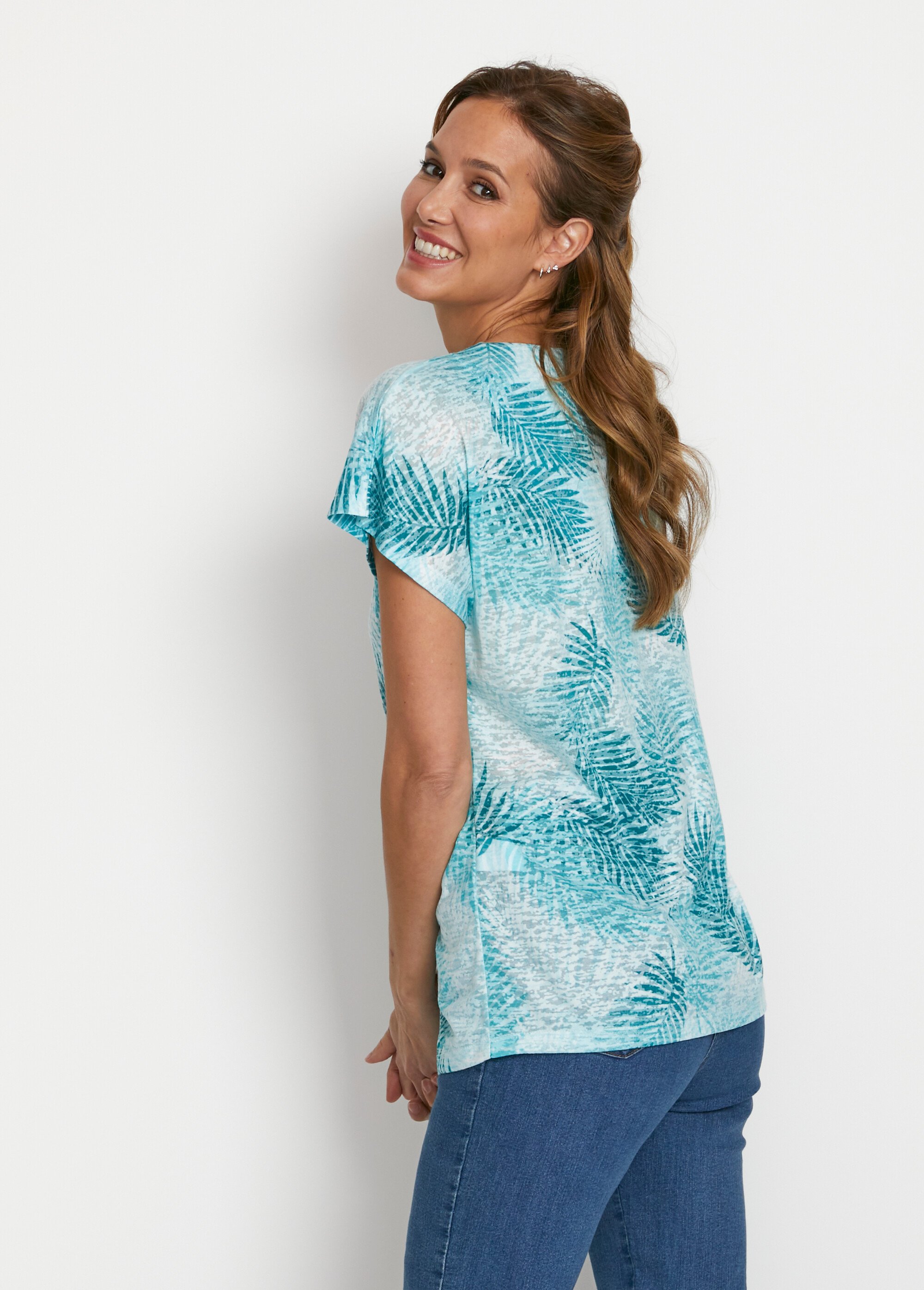 T-shirt imprimé court maille dévorée Femme Vert CAMOPI DR1