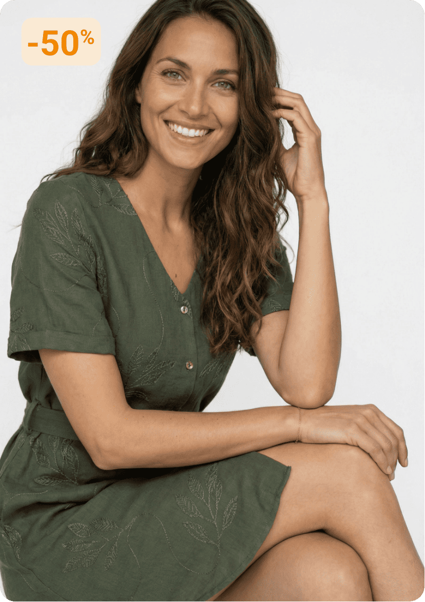 Robe chemisier col V, brodée feuillage