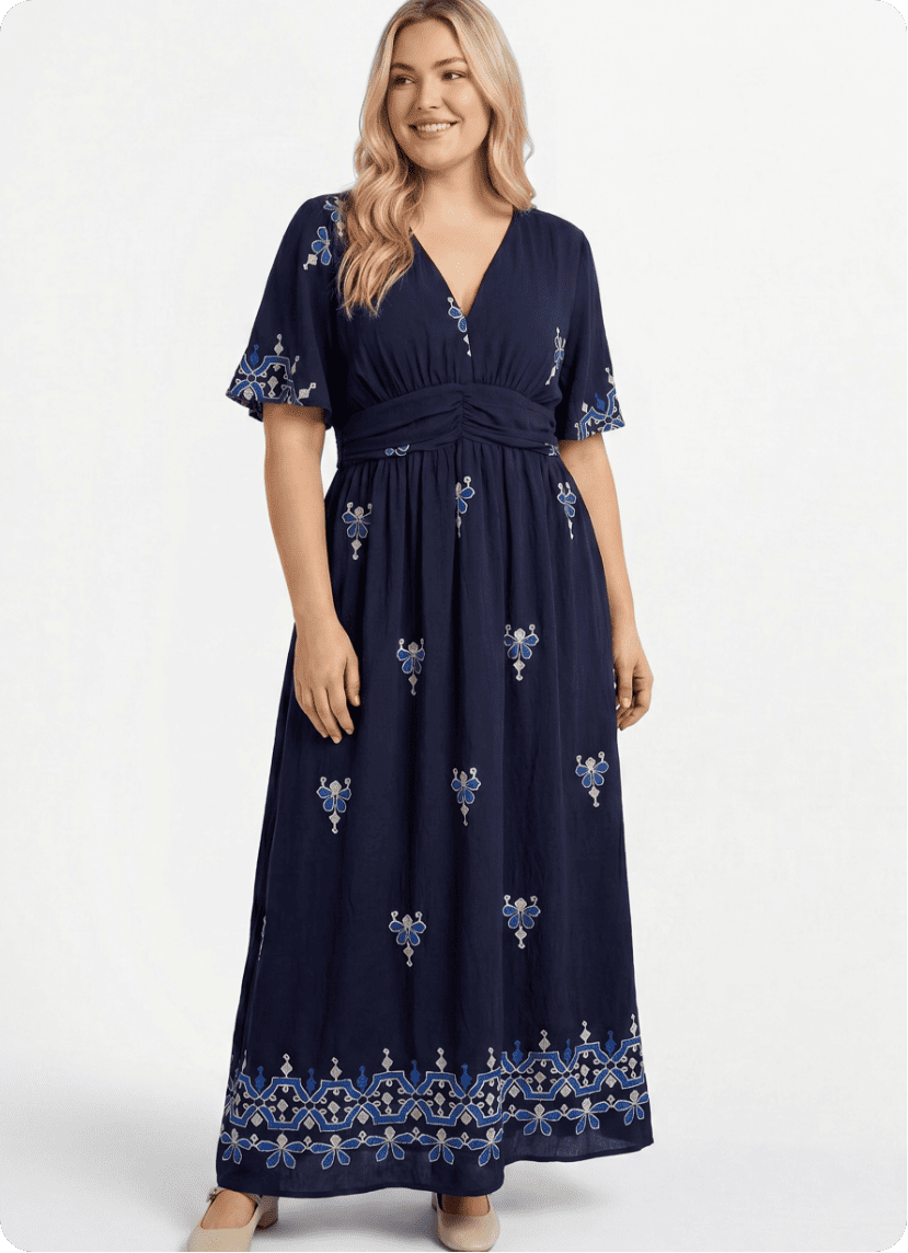 Robe longue col V, broderies ethniques