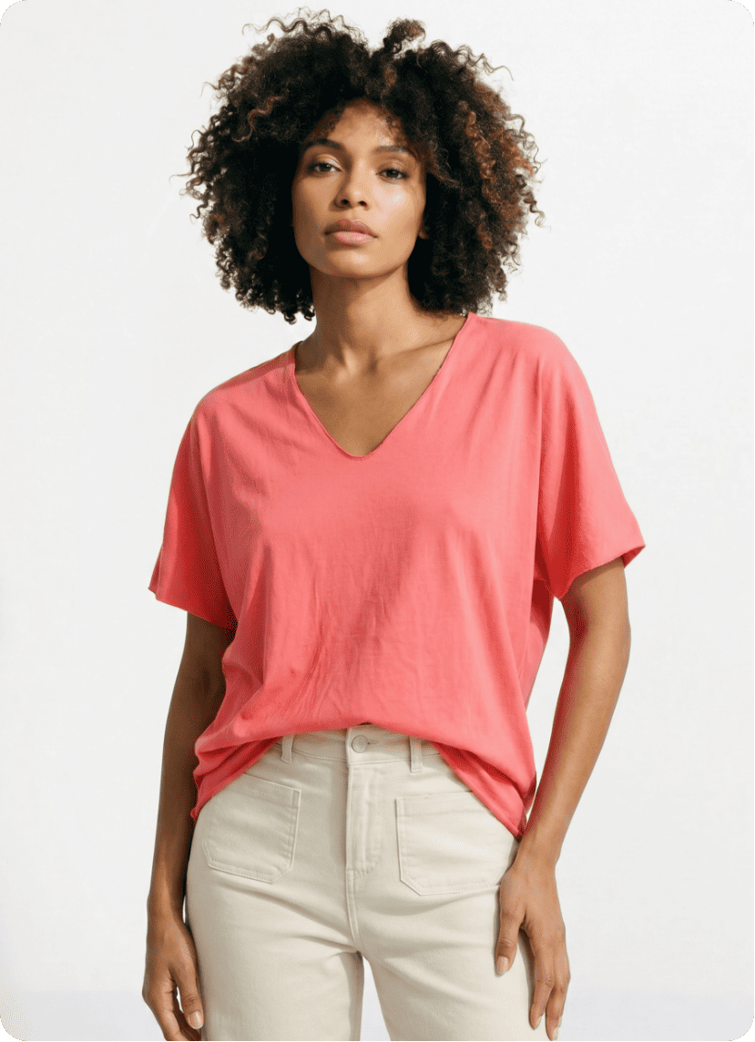 T-shirt col V coton, bords roulottés