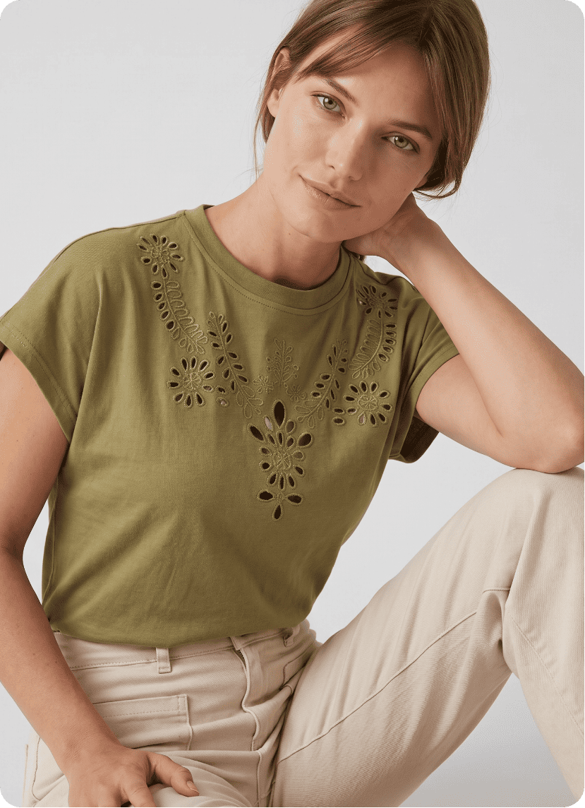 T-shirt coton encolure broderie anglaise