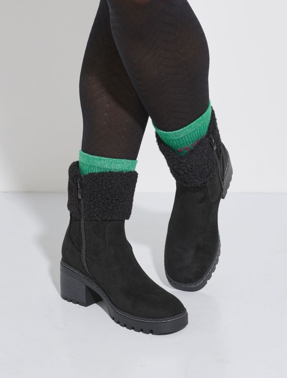 Boots suédine à talon, revers fourrure Noir