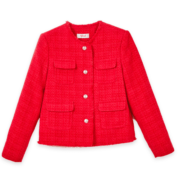 Veste tweed boutonnée frangée sans col