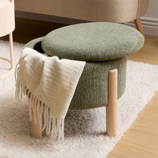 Tabouret en bouclette, coffre rangement