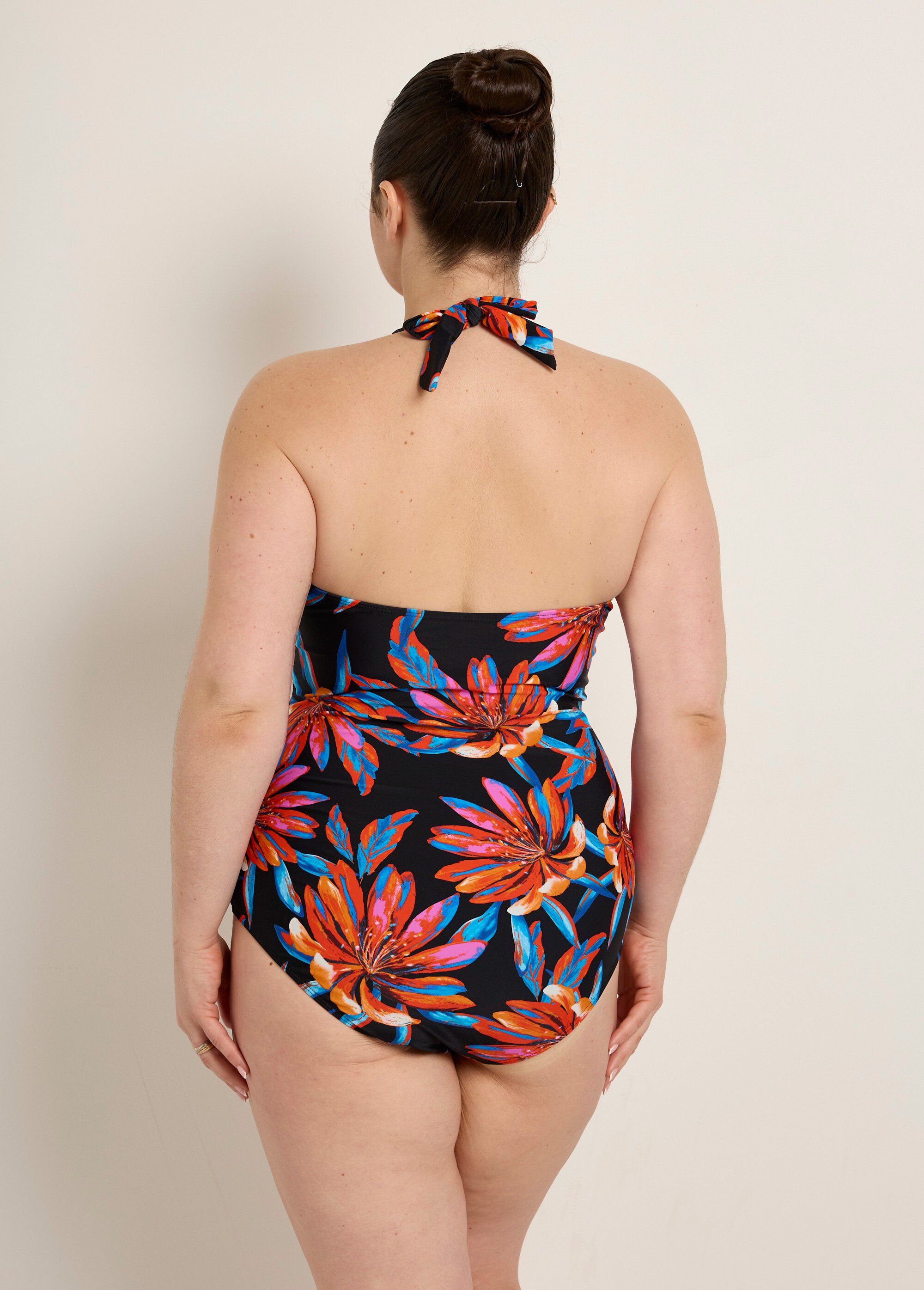 Exotic draped swimsuit with an open back