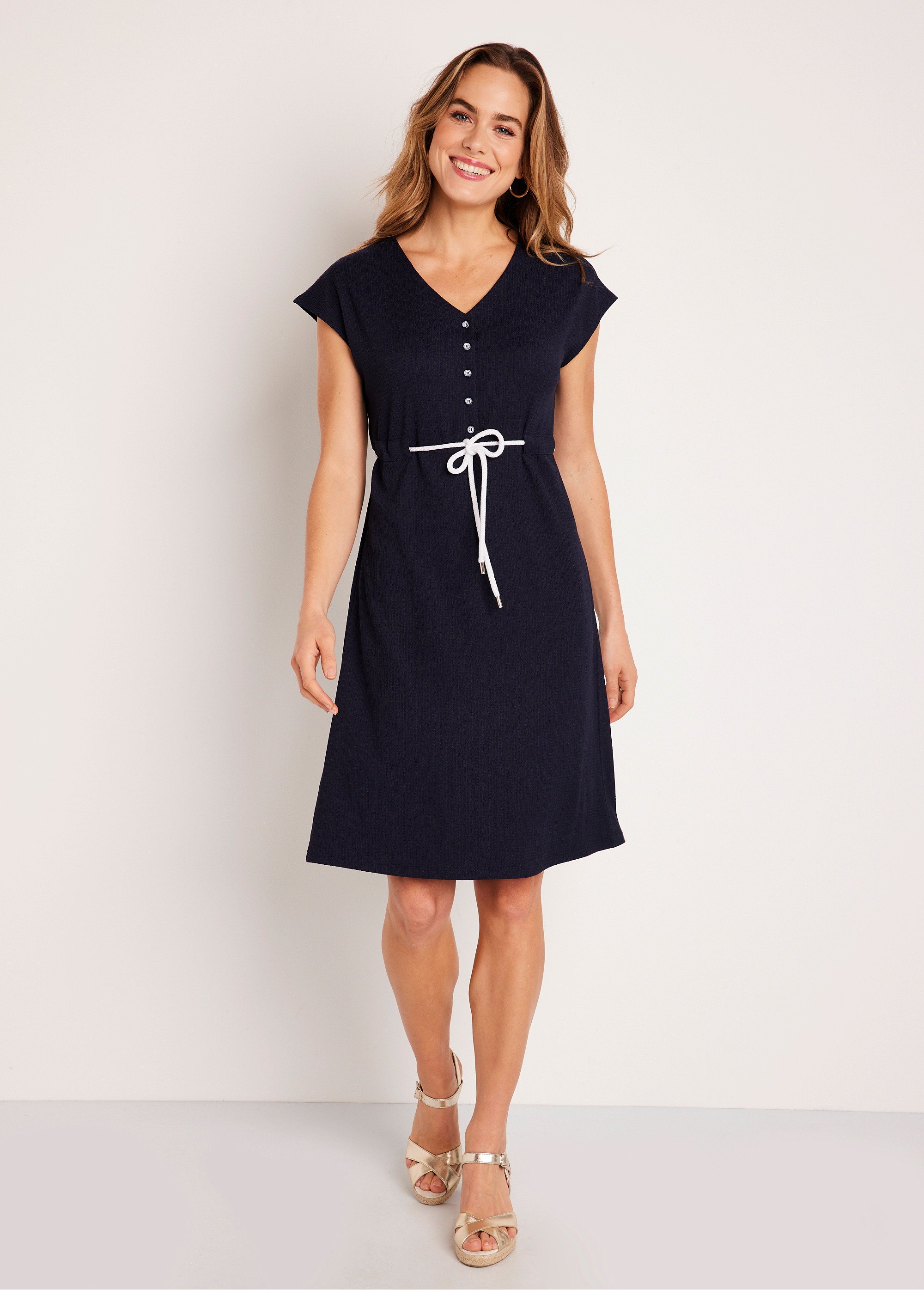 Short button dress in a plain knit fabric NAVY