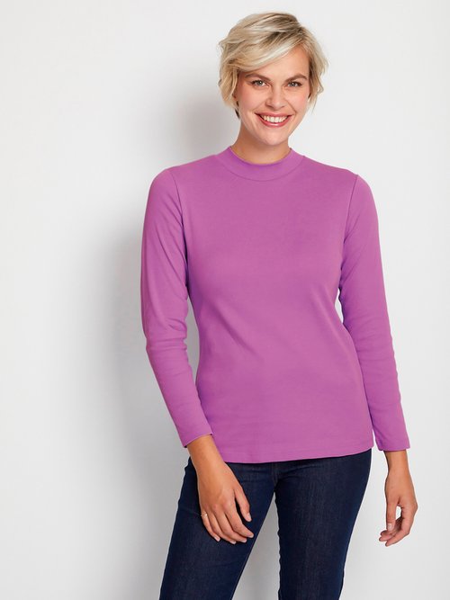 Woman PURPLE Plain or print combed cotton rollneck top POSENE FA1